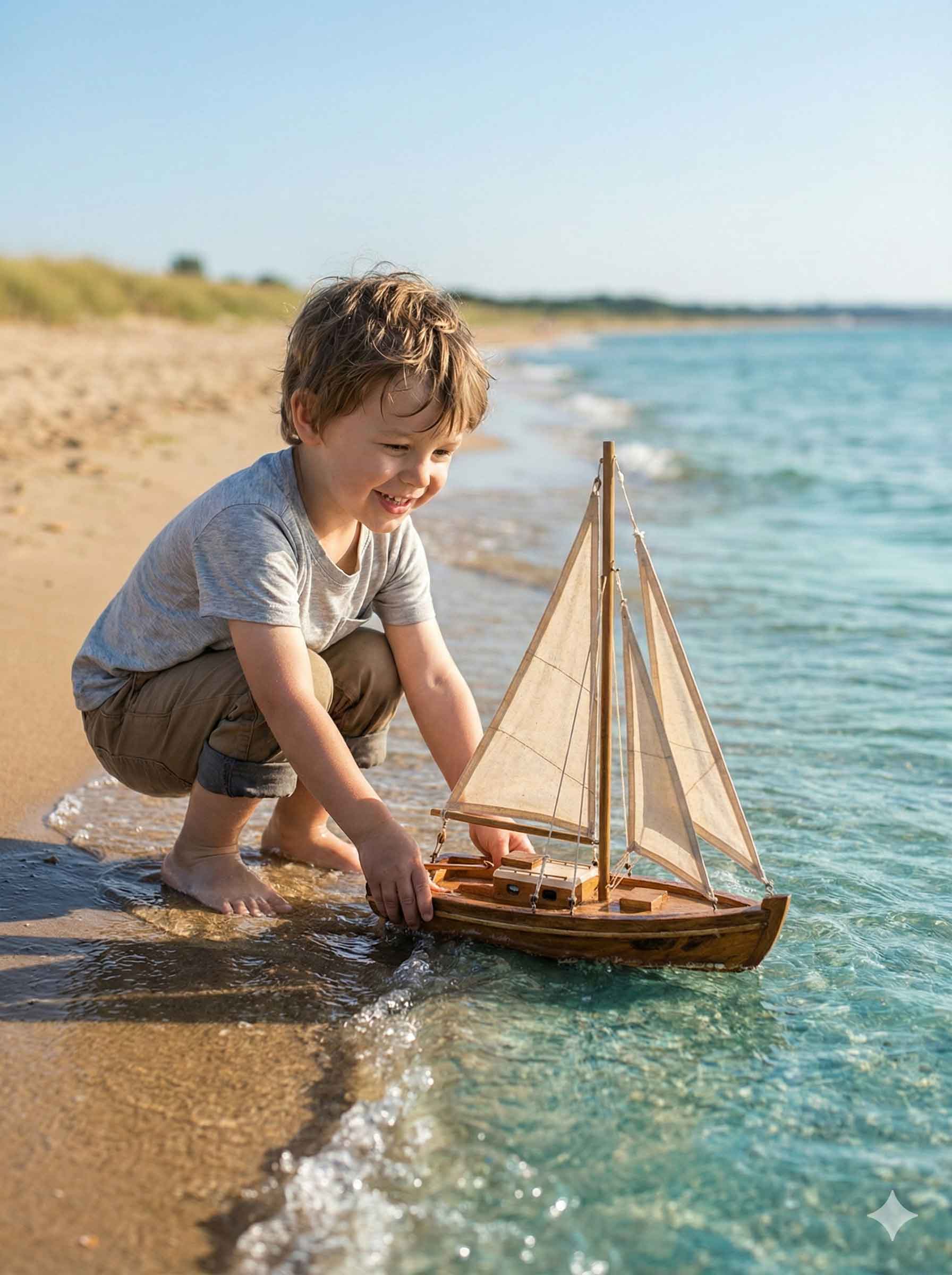 Child playing with a toy boat in a natural therapy setting