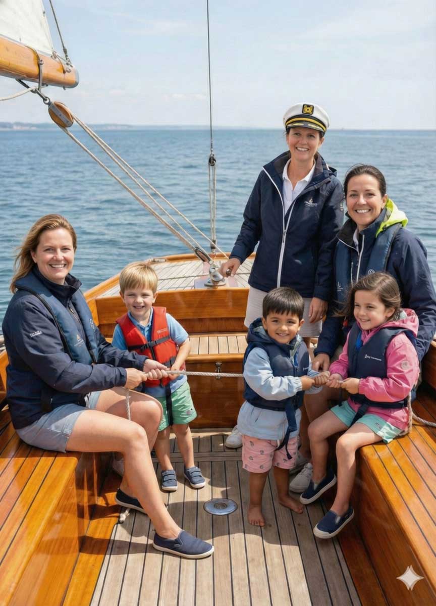 Brightwork crew members sharing with children on a sailboat